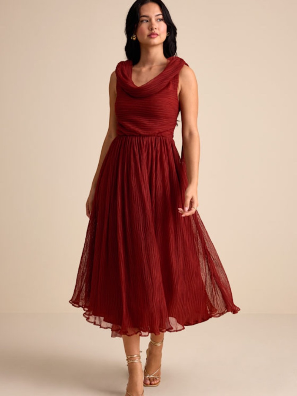 Lulus Katreea Rust Red Pleated Cowl Neck Sash Midi Dress - Size M